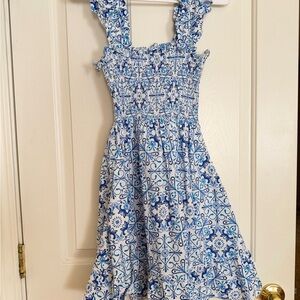 Hill House Home Elizabeth Blue Mosaic Tile Poplin Nap Dress XXS | Summer 2022